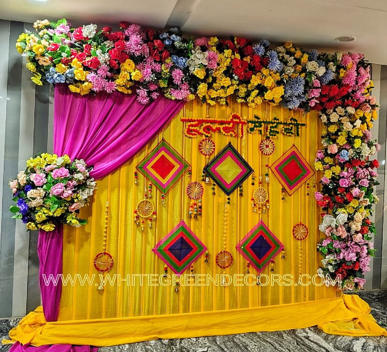 Traditional Haldi Mehndi Floral Backdrop Decoration Setup