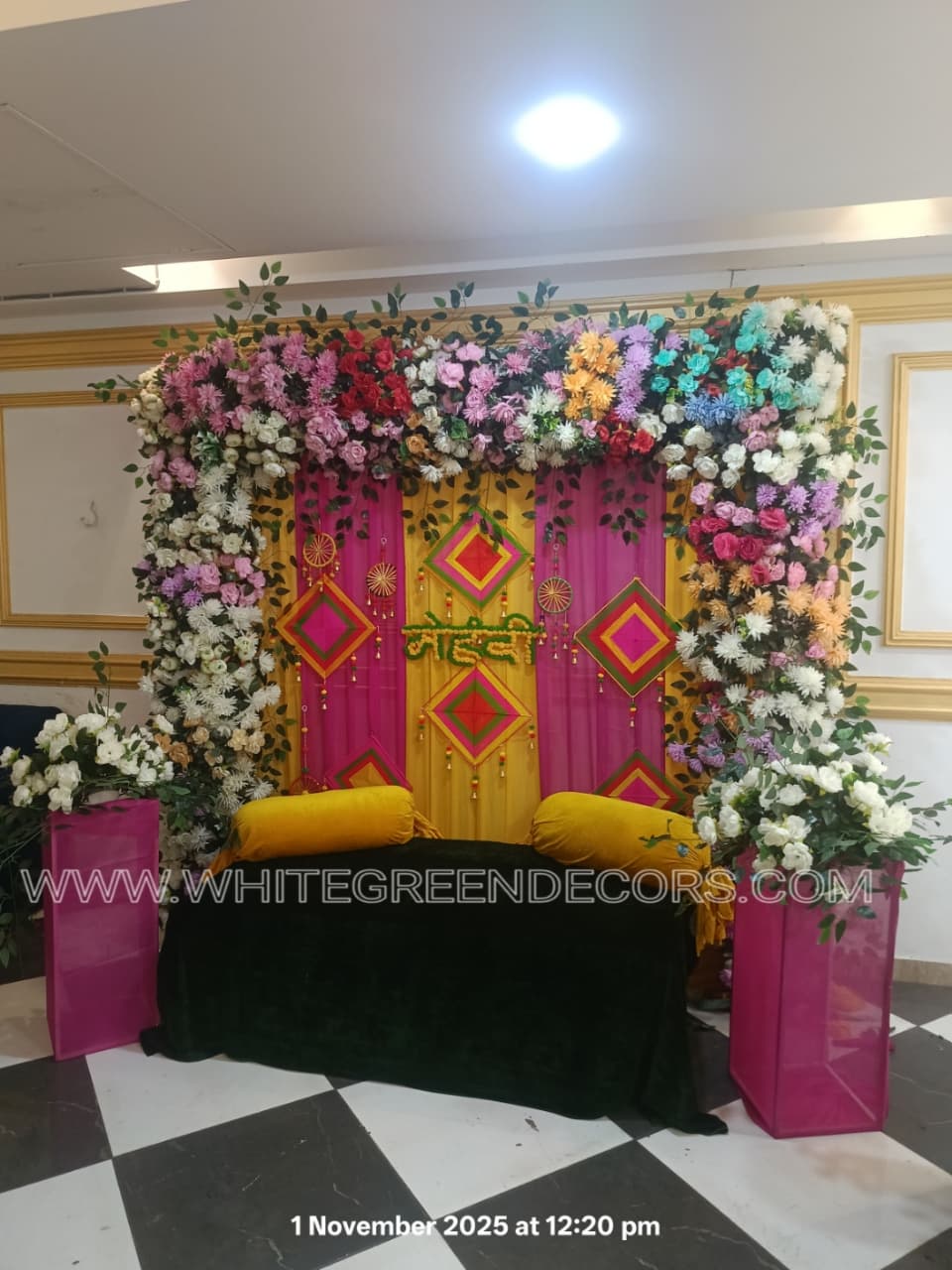 Premium Floral Mehndi Decoration Setup with Vibrant Backdrop