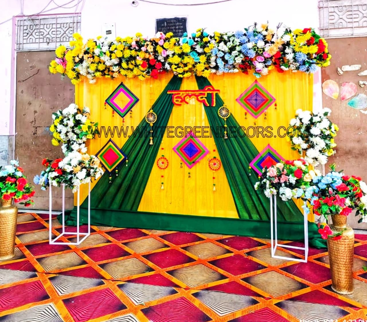 Elegant Green & Yellow Haldi Backdrop Setup