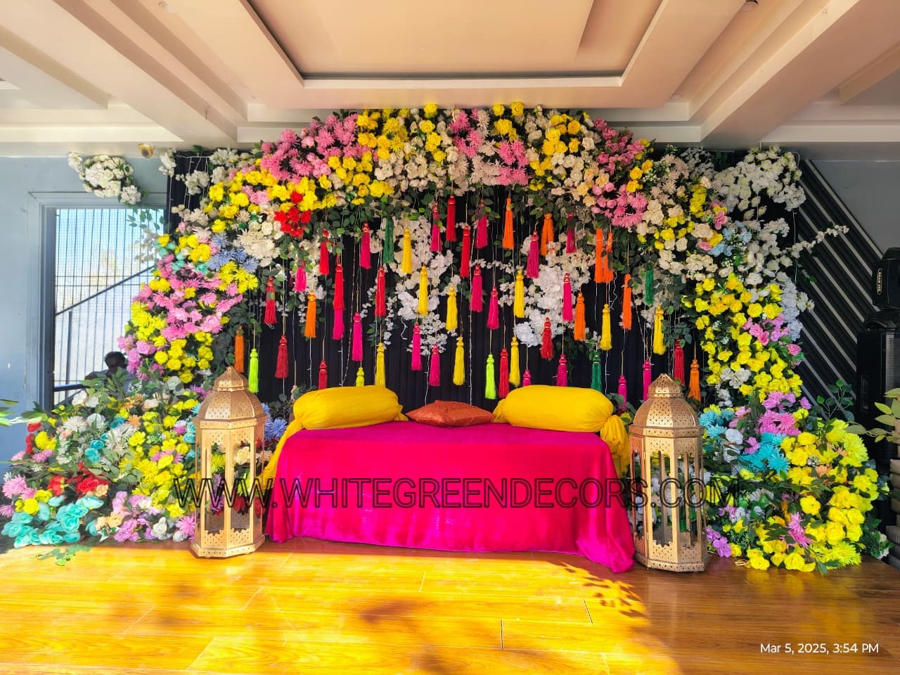 Grand Floral Haldi Mehndi Stage Decoration Setup