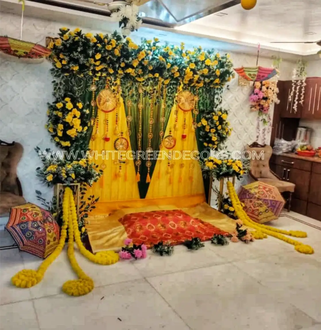 Elegant Floor Seating Haldi Decoration Setup